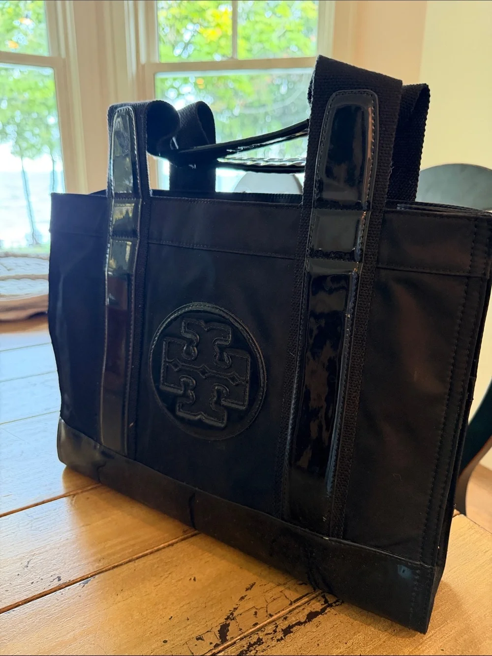 Tory Burch Black Nylon Tote with Patent Trim